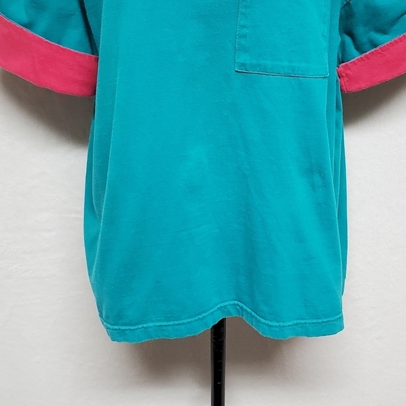 VINTAGE 90s Teal Hot Pink Oversized Boxy Cut Cuffed Short Sleeve Cropped Tee - Picture 7 of 13